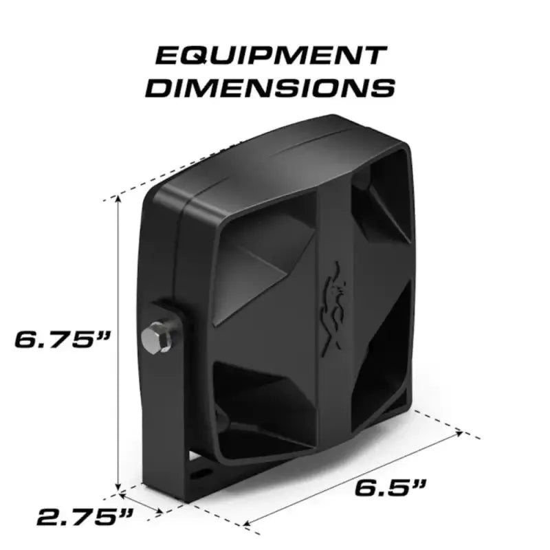 Black equipment dimensions diagram for Feniex Vanguard 100-Watt Speaker product