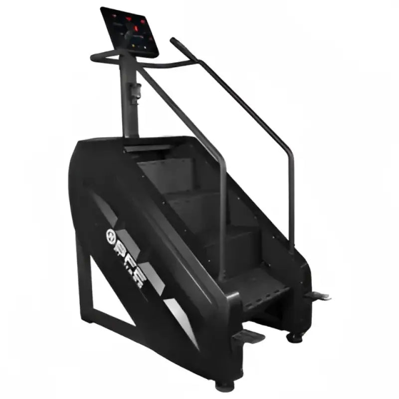 Black SFE Stepmill Pro featuring a revolving staircase and performance monitor for natural climbing motion