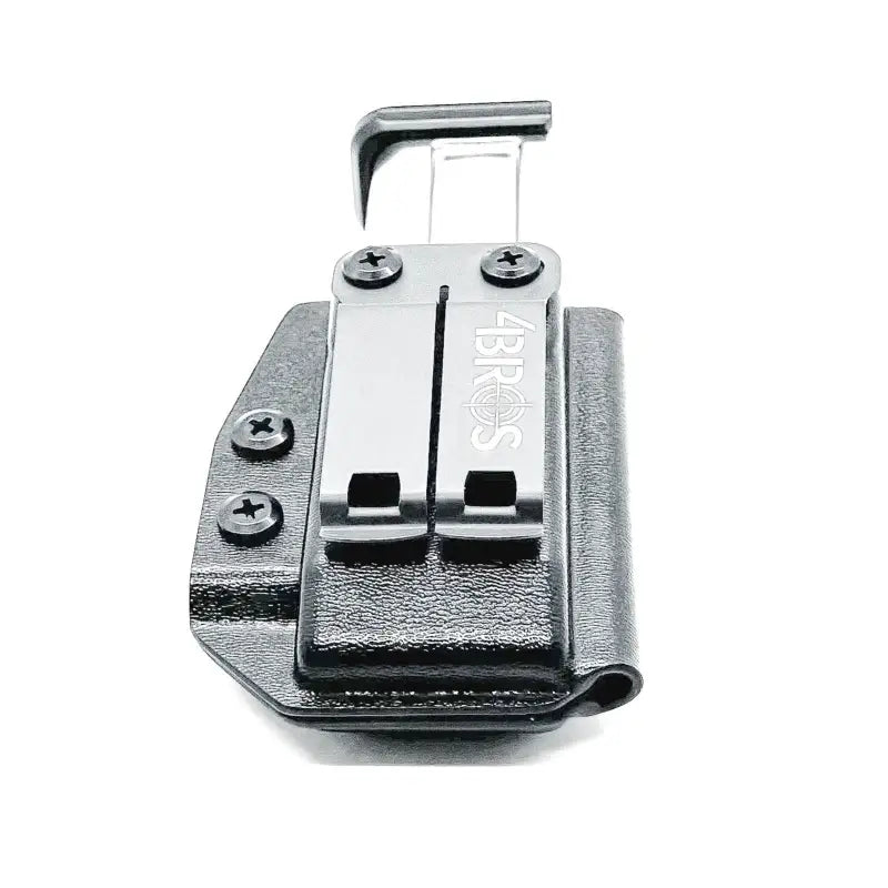 Black gun holster with metal clips for magazine retention, ideal for first responders