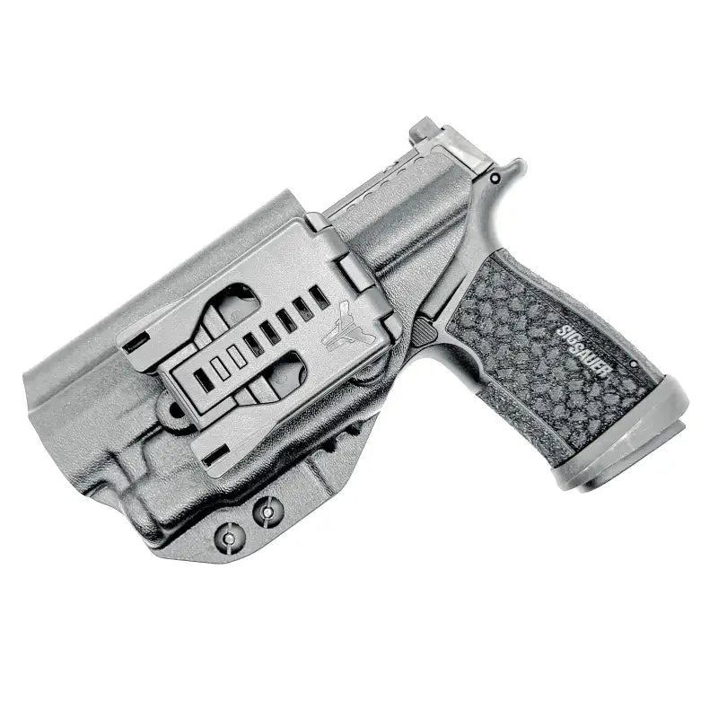 Black handgun in a black holster for Sig Sauer P365-FUSE with light mounted