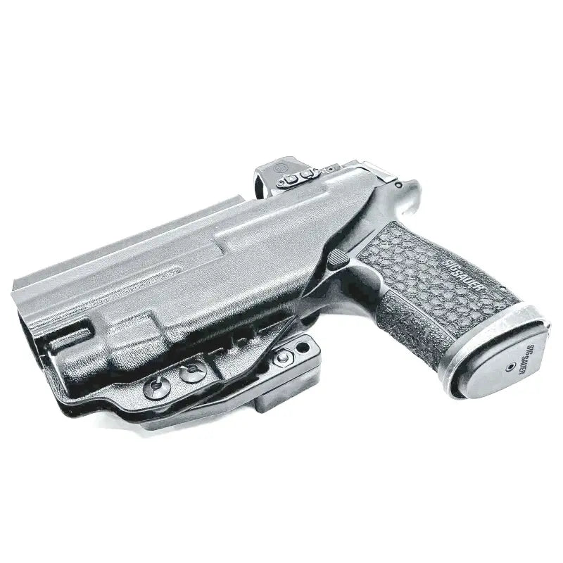 Black Sig Sauer P365-FUSE handgun with textured grip in matching IWB holster with magazine pouch