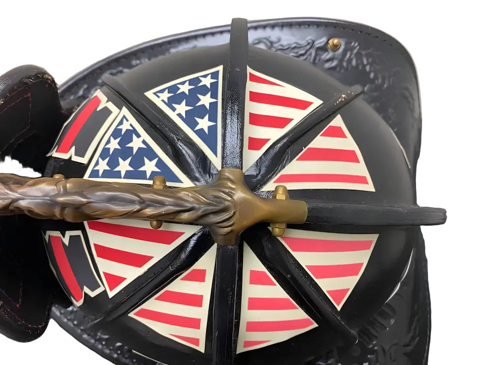 Black helmet with American Flag helmet decals in circular triangular design