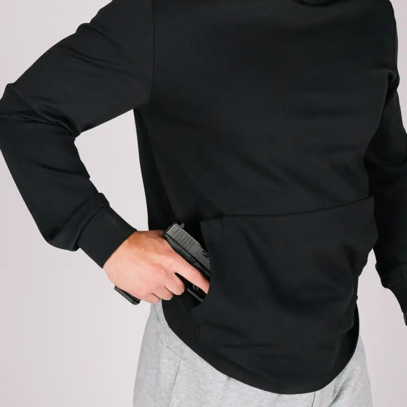 Durable Concealment Hoodie with handgun in hand pocket and smooth draws CSS style