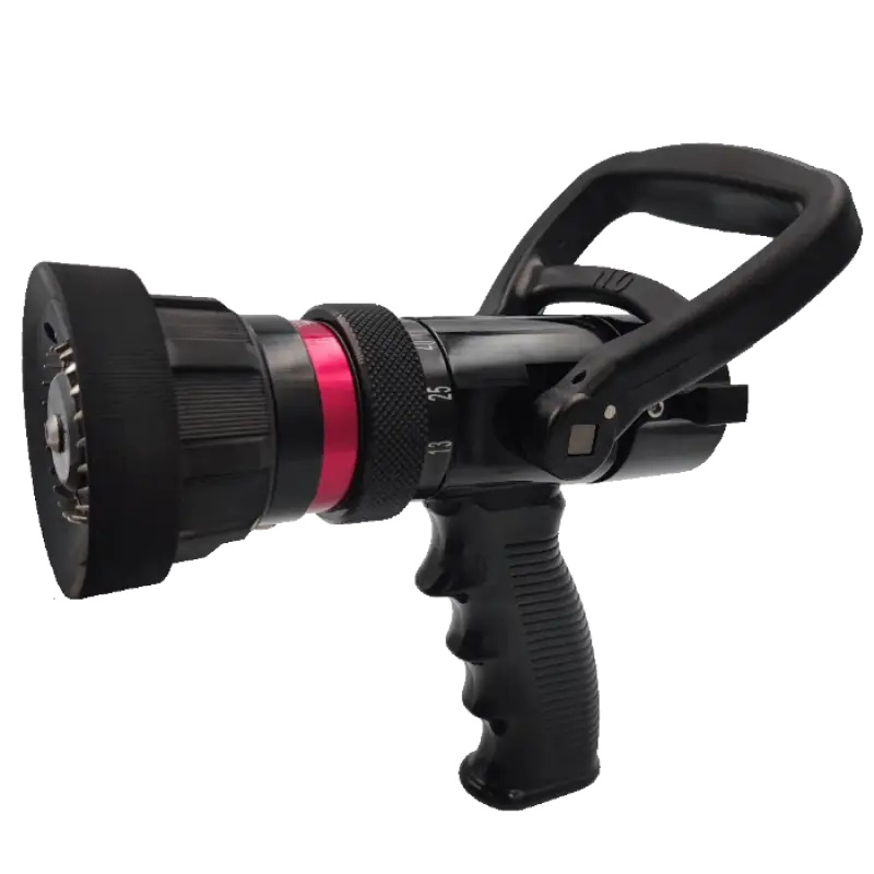 Black fire hose nozzle with selectable flow settings in stainless steel for rapid response firefighting