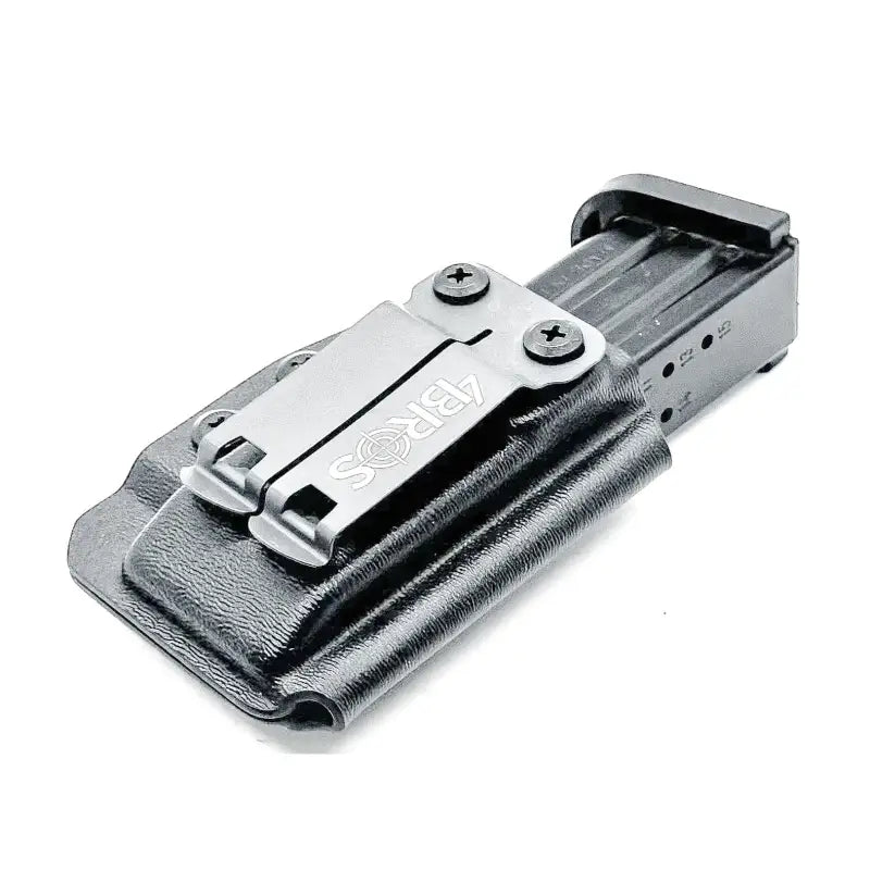 Black Kydex P320 XTEN magazine holster with metal belt clip and secure magazine retention