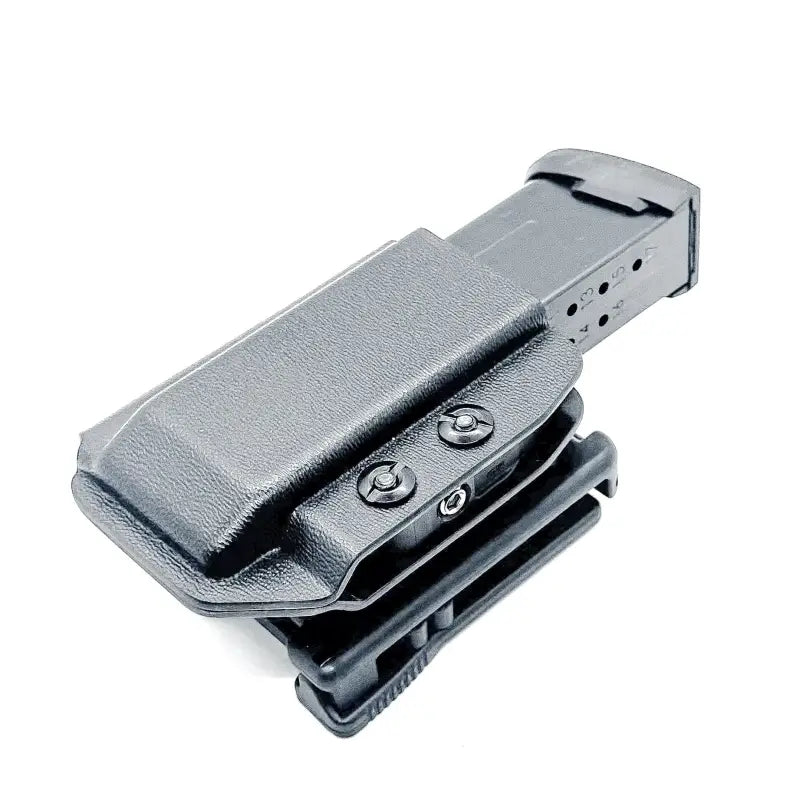 Black Kydex P365-FUSE OWB Magazine Pouch with exposed magazine and secure retention device