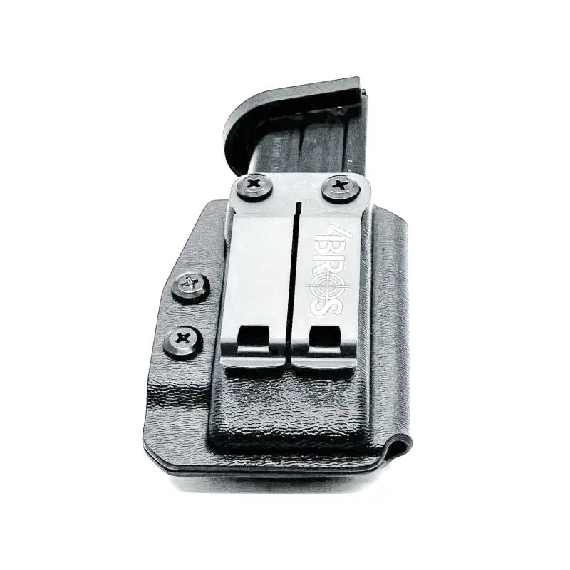 Black Kydex P320 XTEN magazine holster with dual silver belt clips for secure retention