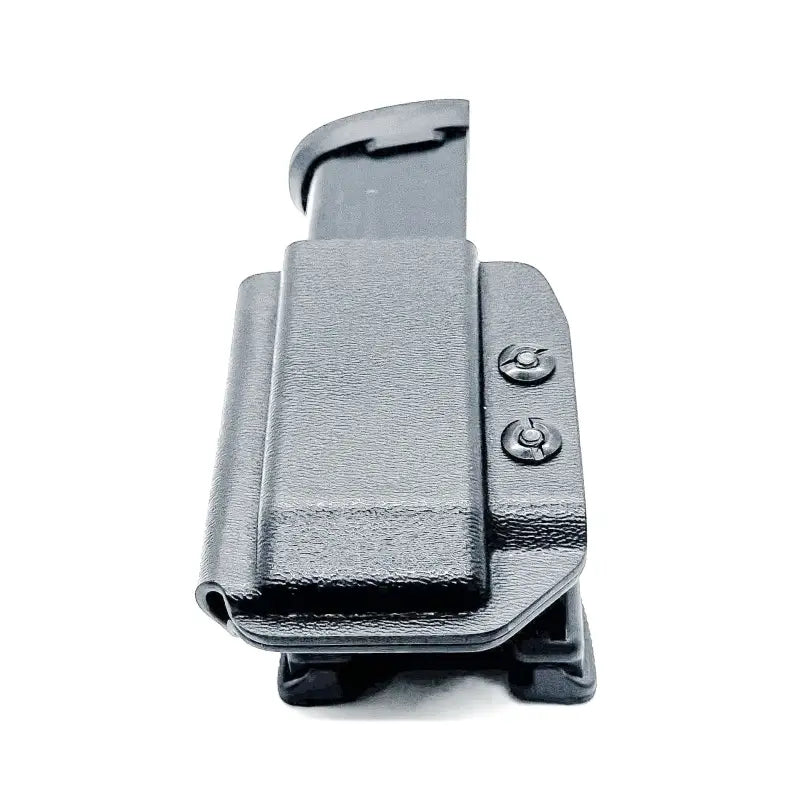 Black Kydex-style P365-FUSE OWB Magazine Pouch with magazine retention device for secure carry