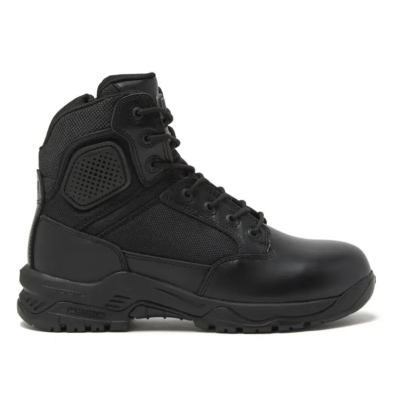Black leather and fabric work boot with non-metallic composite for firefighters and first responders