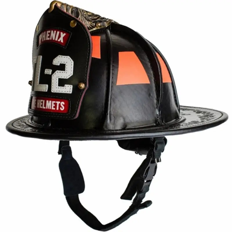 Black leather firefighter helmet with ratchet suspension from Phenix TL2 Leather Helmet collection