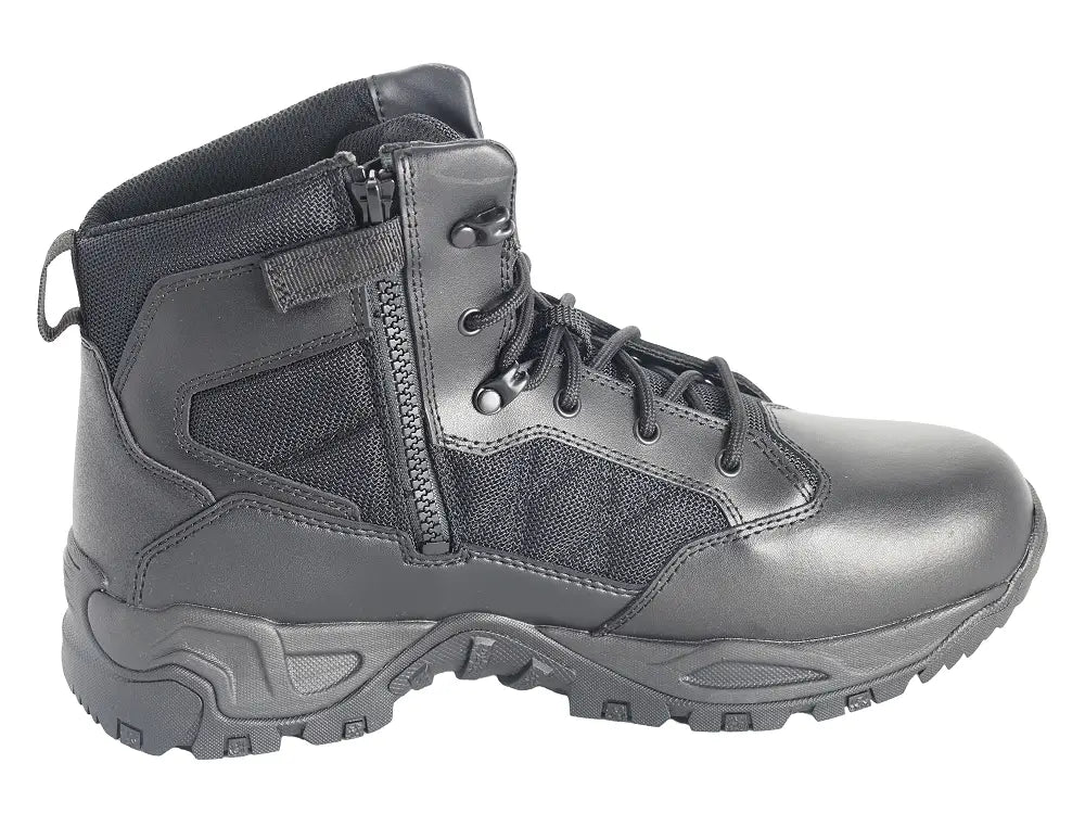 Black leather tactical boot with polishable toe for hot weather and first responders