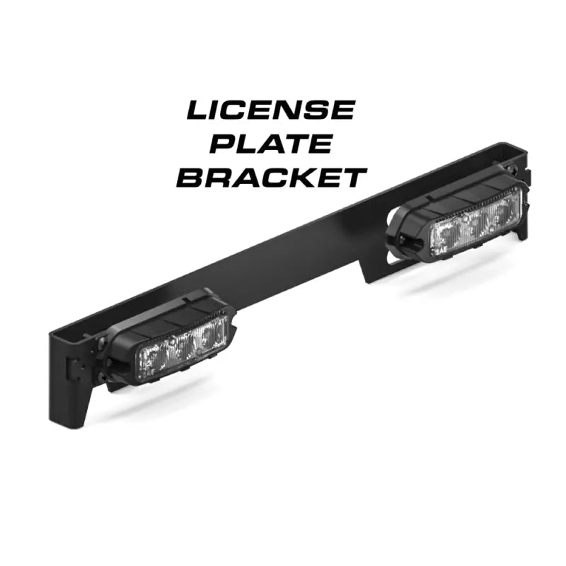 Black license plate bracket with lights for surface mount emergency vehicle use by first responders and firefighters