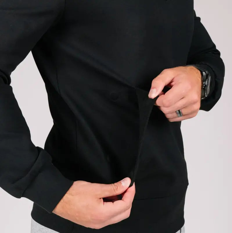 Black long-sleeved Durable Concealment Hoodie with hand pocket and smooth draws