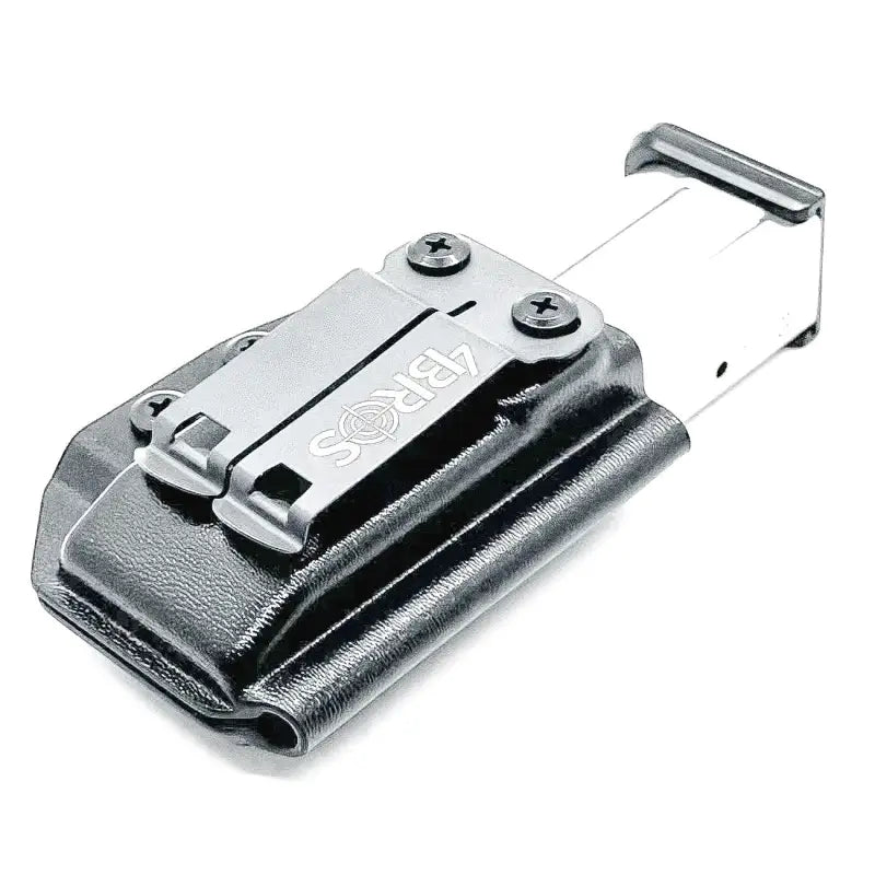 Black magazine holster with metal clip for reliable magazine retention, ideal for first responders