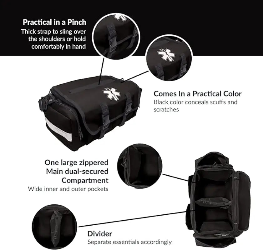 Black medical bag with compartments for first responders, firefighters, and police trauma kits
