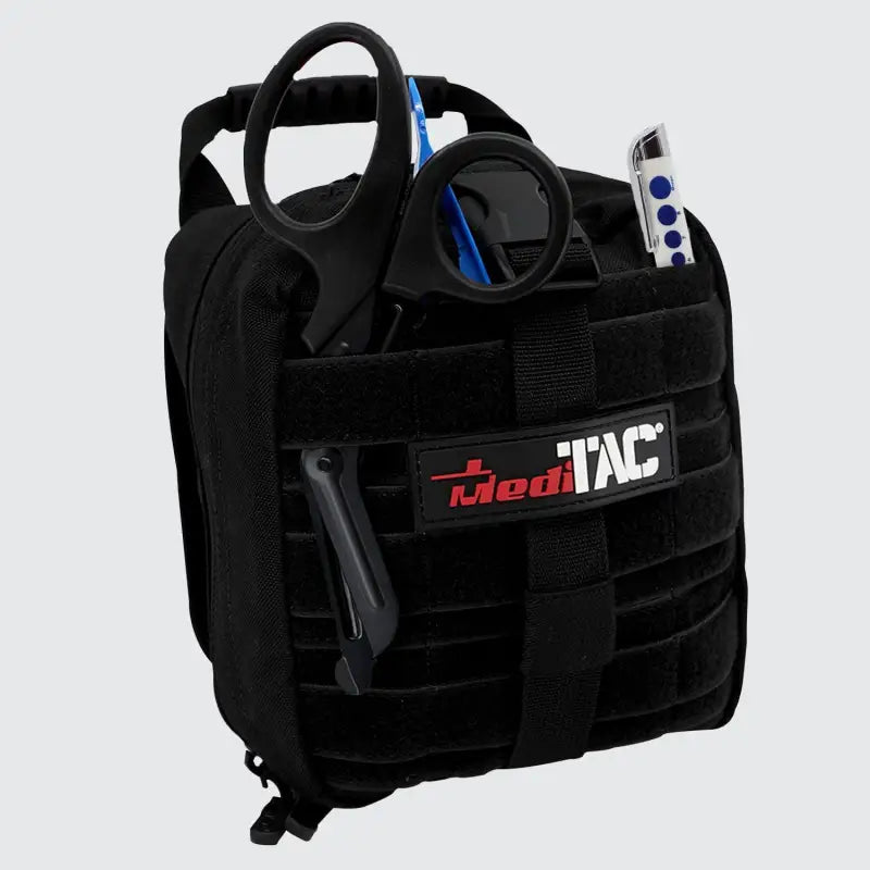 Black medical bag with tools for first responders, firefighters, and police in trauma kits