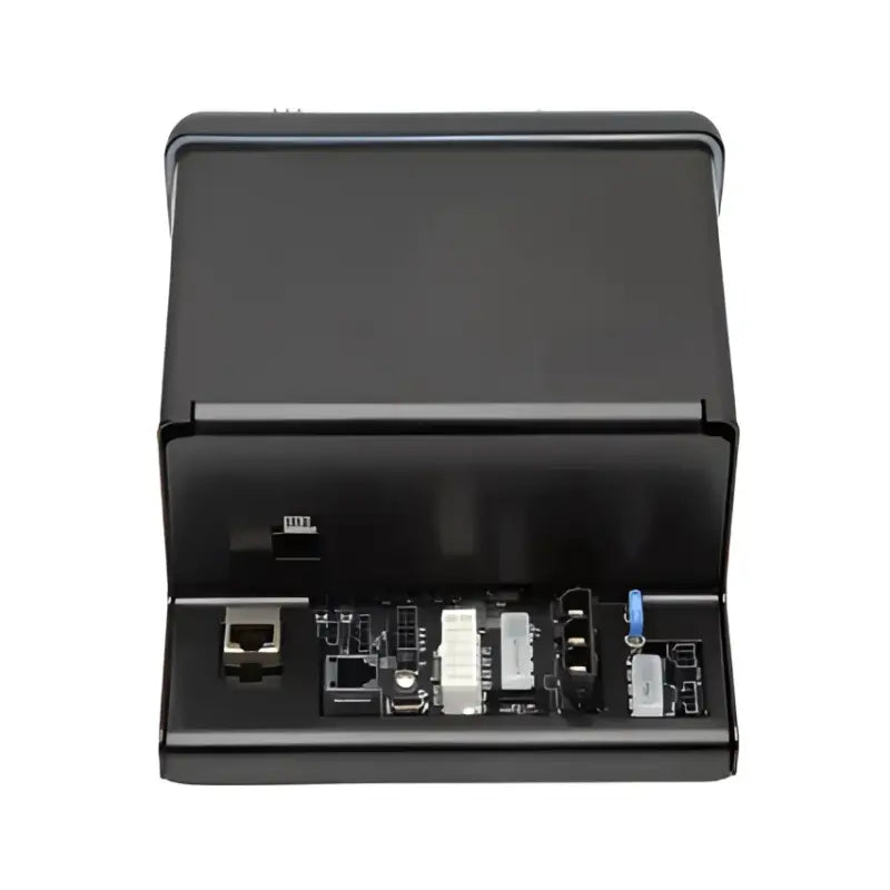 Black metal box with exposed circuit board for Whelen CenCom Core-S communication system