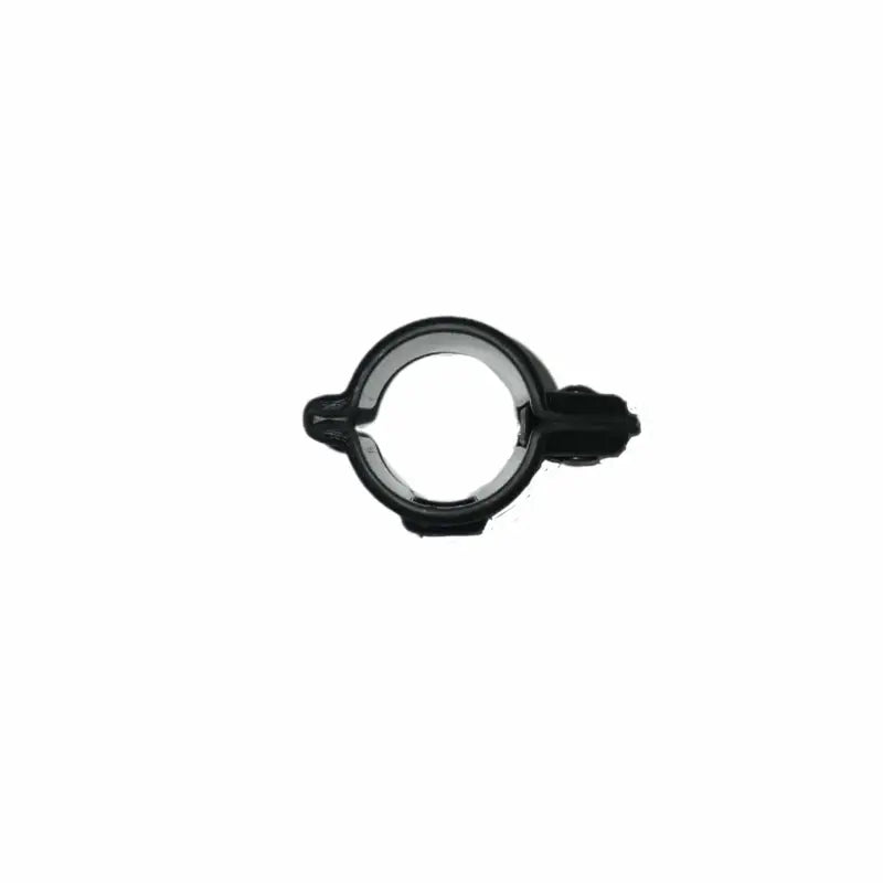 Black metal pipe clamp with circular opening for secure pepper spray holder retention