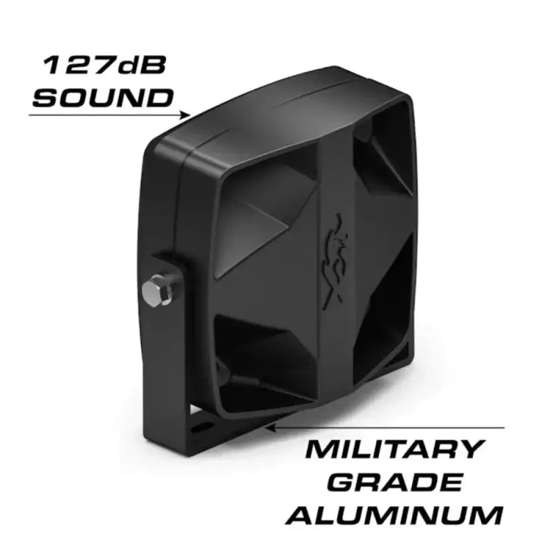 Black metal siren on Feniex Vanguard 100-watt speaker for emergency vehicles