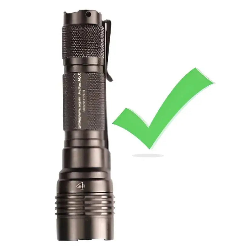 Black metal tactical flashlight with textured grip in Flashlight Holder for first responders
