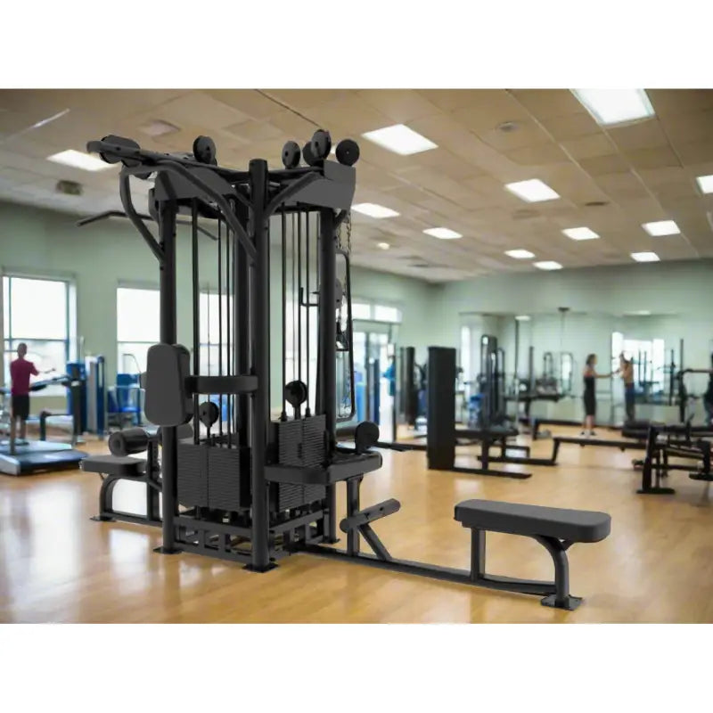 Black multi-station gym equipment ideal for first responders, firefighters, and police training