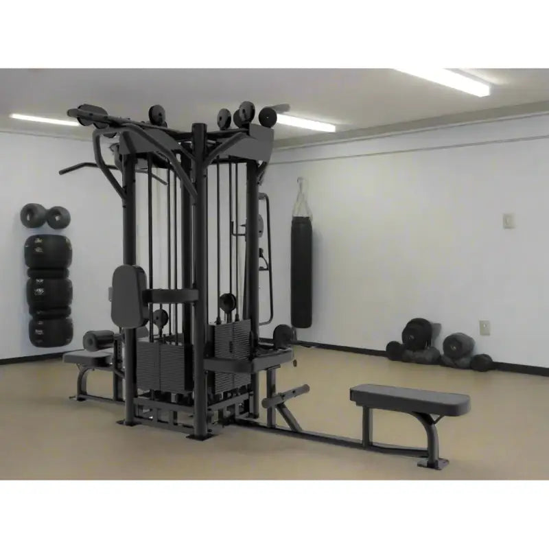 Black multi-station gym equipment for first responders and firefighter training