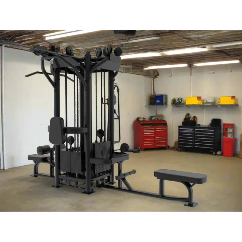 Black multi-station gym equipment for first responders and firefighters training