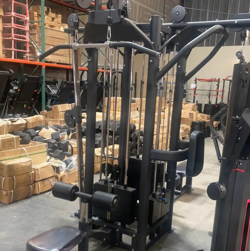 Black multi-station home gym for first responders including firefighters and police trainers