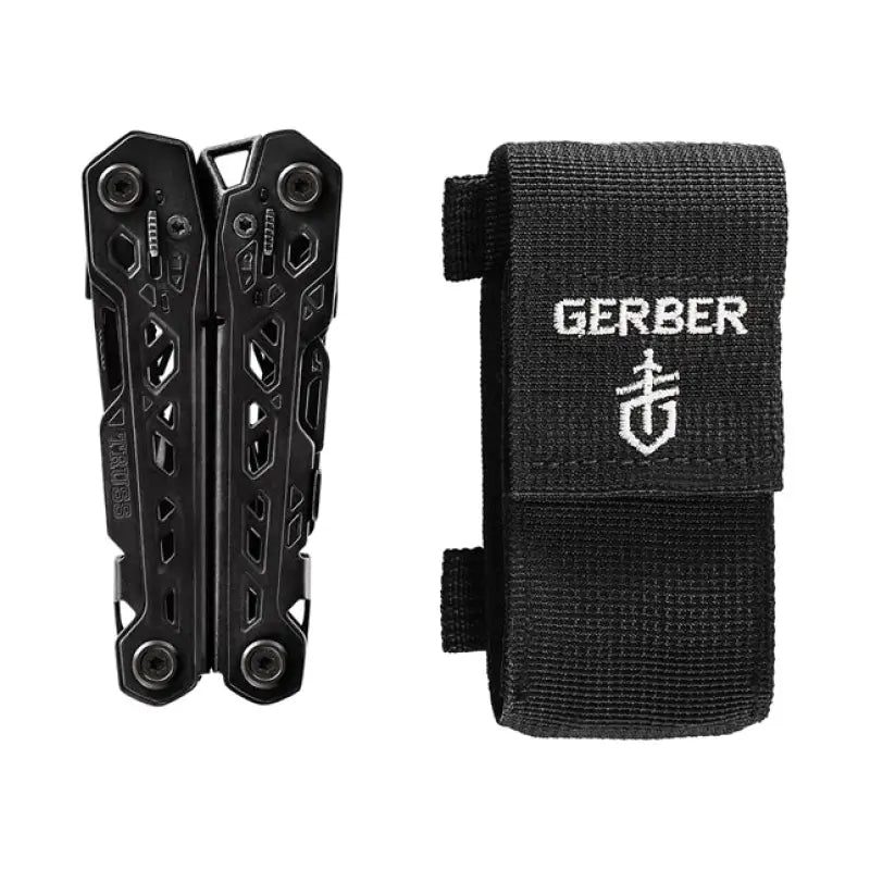 Black multi-tool and sheath from Gerber Gear, ideal for first responders and firefighters