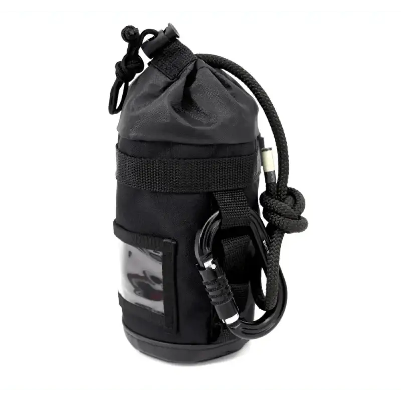 Black neoprene bottle holder with drawstring and carabiner for Personal Rope + Bailout Kit