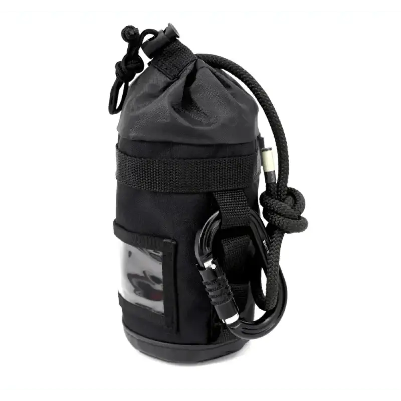 Black nylon drawstring bottle holder with adjustable strap for Personal Rope Bailout Kit