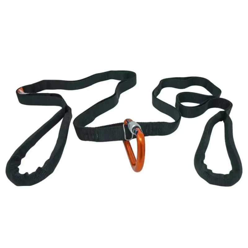Black nylon Multi-Loop Rescue Strap with orange carabiner and loops for rigging