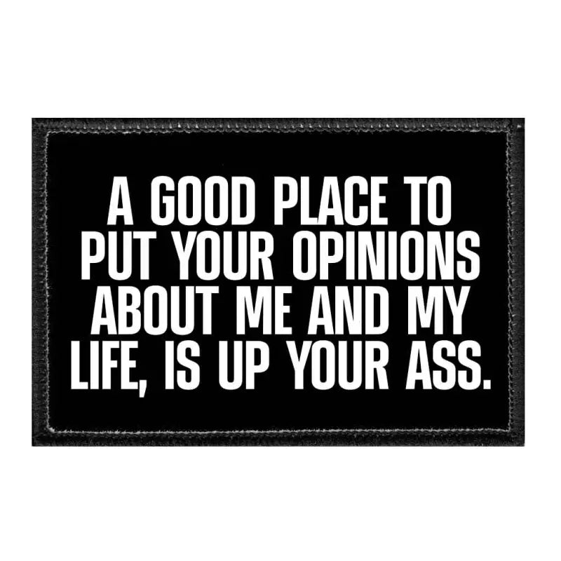 Black removable patch with white text for quick style on Velcro loop surface