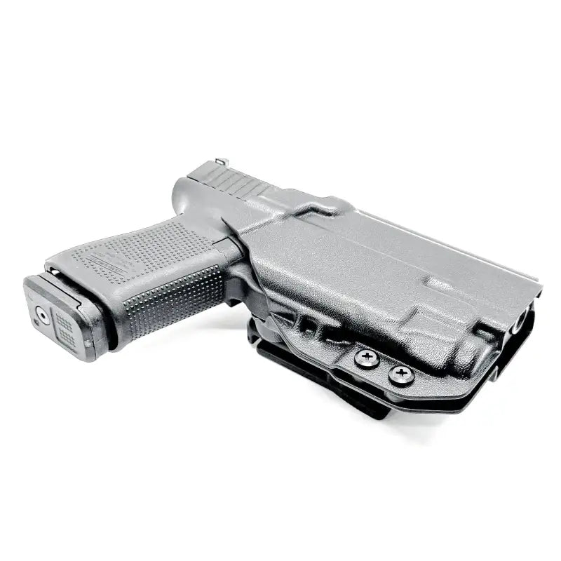 Black Glock 19 pistol with Streamlight TLR-7 in OWB Holster by Four Brothers Holsters