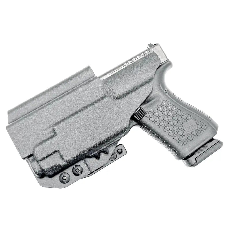 Black Glock 19 pistol in an IWB holster with magazine pouch for inside waistband carry