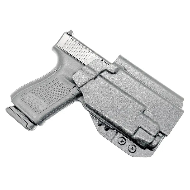 Black Glock 19 pistol with Streamlight TLR-7 in OWB Holster by Four Brothers Holsters