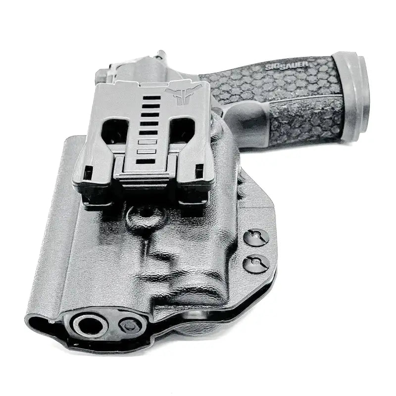 Black Sig Sauer P365-FUSE pistol with light mounted in matching holster with textured grip