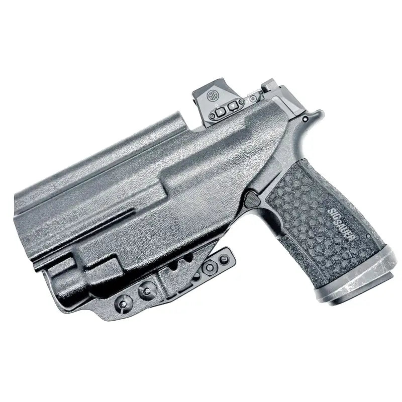 Black Sig Sauer P365-FUSE pistol with red dot sight in custom dark gray Kydex holster