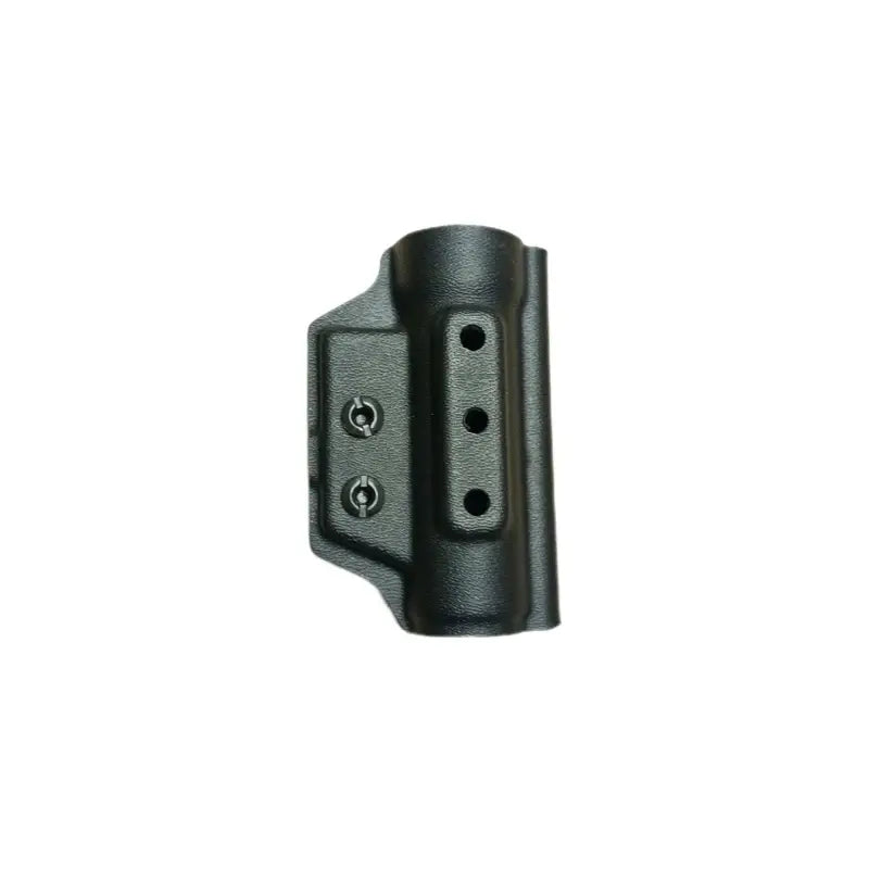 Black plastic gun holster with mounting holes for flashlight holder and first responders