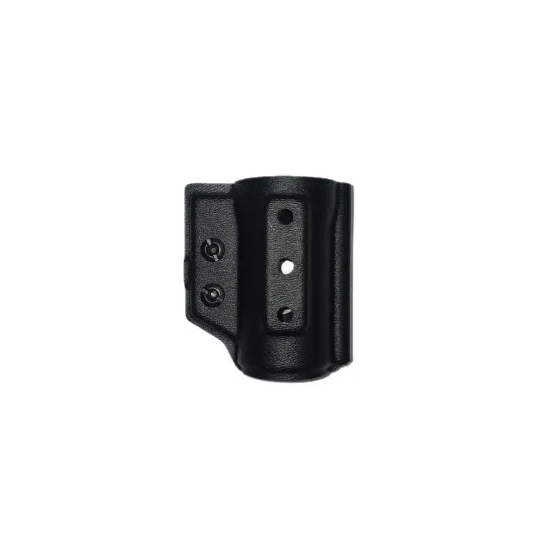 Black plastic holster for a pepper spray holder with screw holes for secure retention