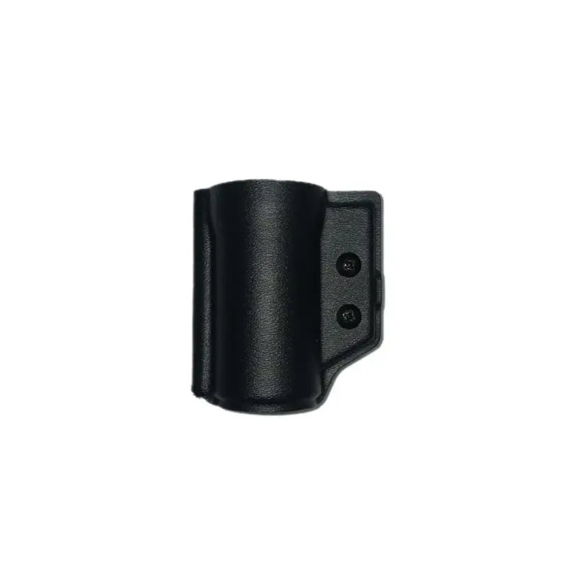 Black plastic Pepper Spray Holder with screw holes for secure mounting and retention
