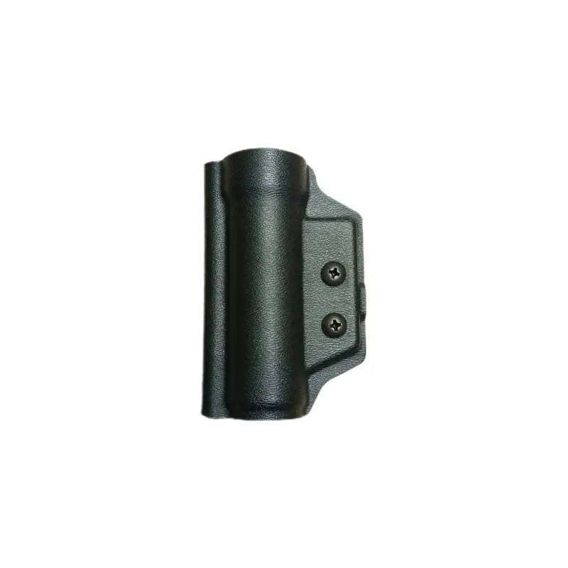 Black plastic flashlight holder with mounting hardware designed for first responders