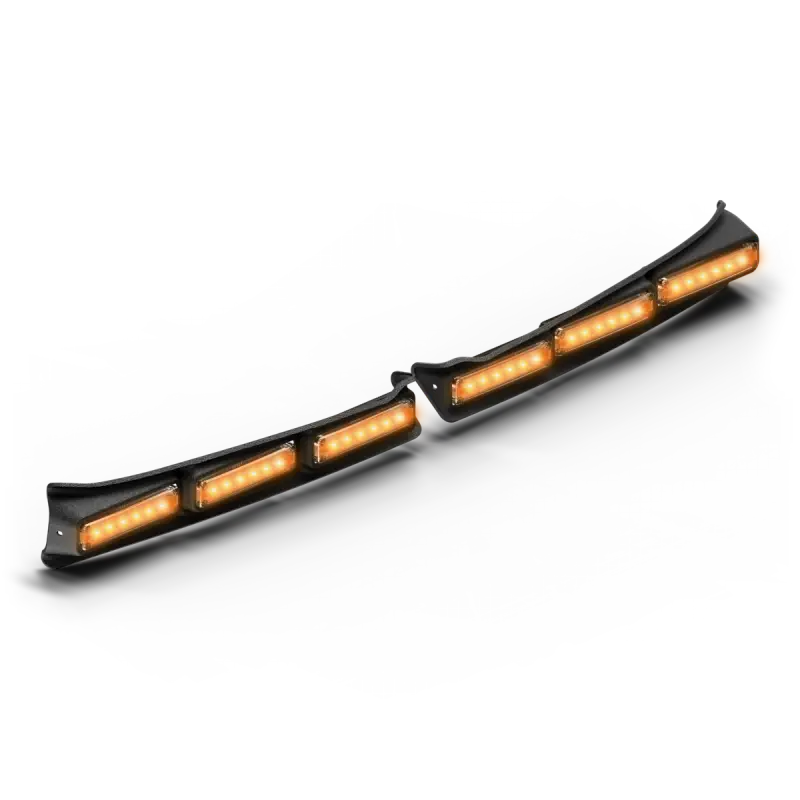 Black plastic light bar with amber LEDs on Feniex Quantum Spoiler Mount for first responders