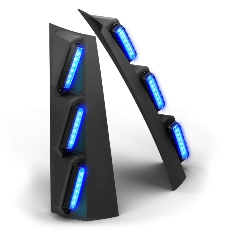 Feniex Quantum 2.0 Pillar Mount with black plastic panels and blue LED lights for first responders