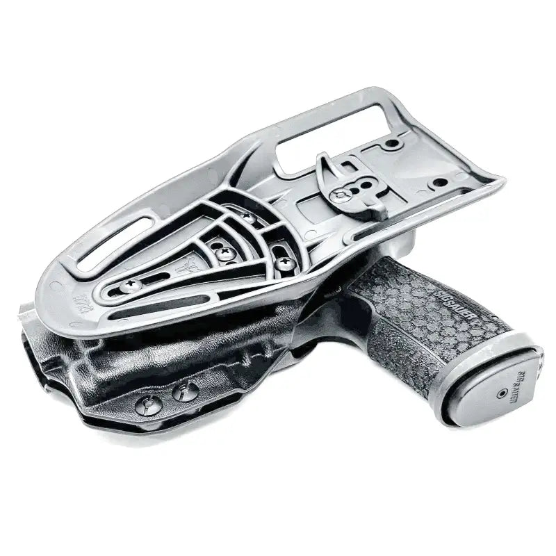 Black Sig Sauer P365-FUSE holster with gray attachment plate for weapon-mounted light