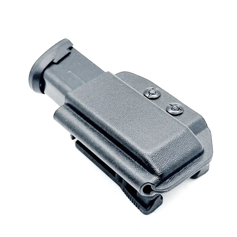Black polymer holster for Pistol Magazine with retention device and magazine retention