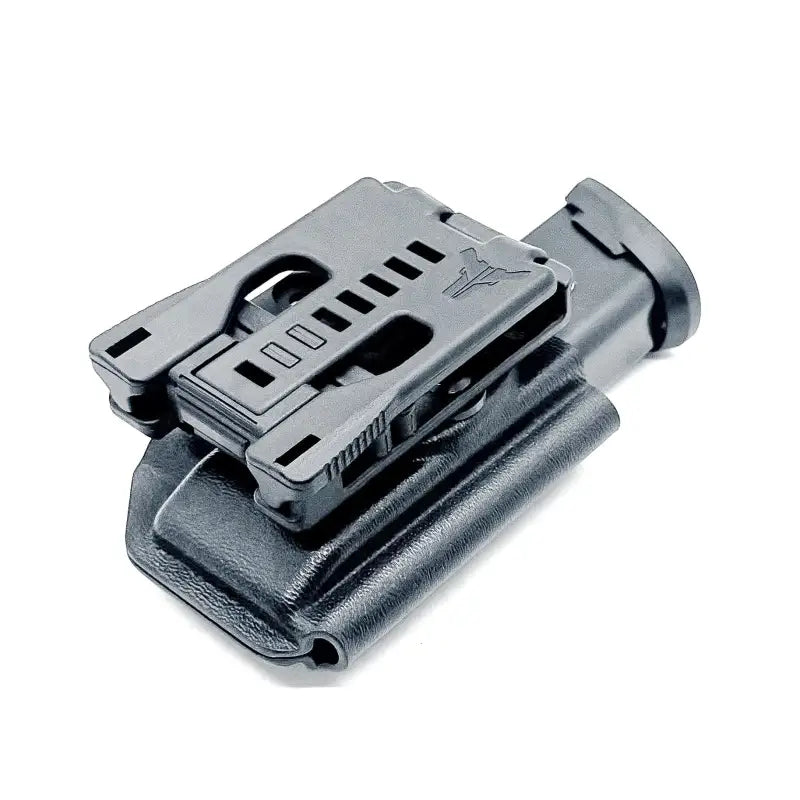 Black polymer magazine carrier with adjustable belt clip for secure magazine retention