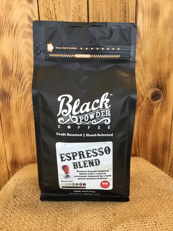 Black Powder Espresso Blend coffee pouch showcasing European Espresso Blend with a small percentage of espresso blend