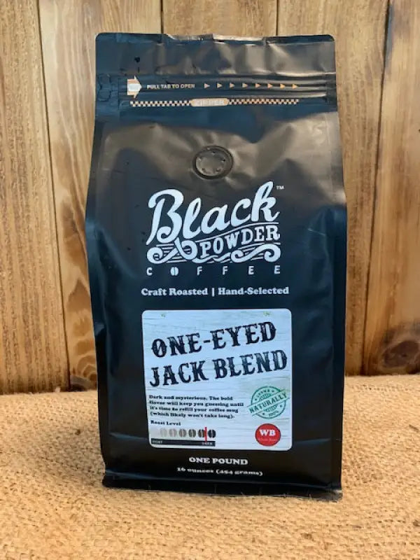 Black Powder Coffee One-Eyed Jack Blend in a one-pound black bag naturally grown dark roast