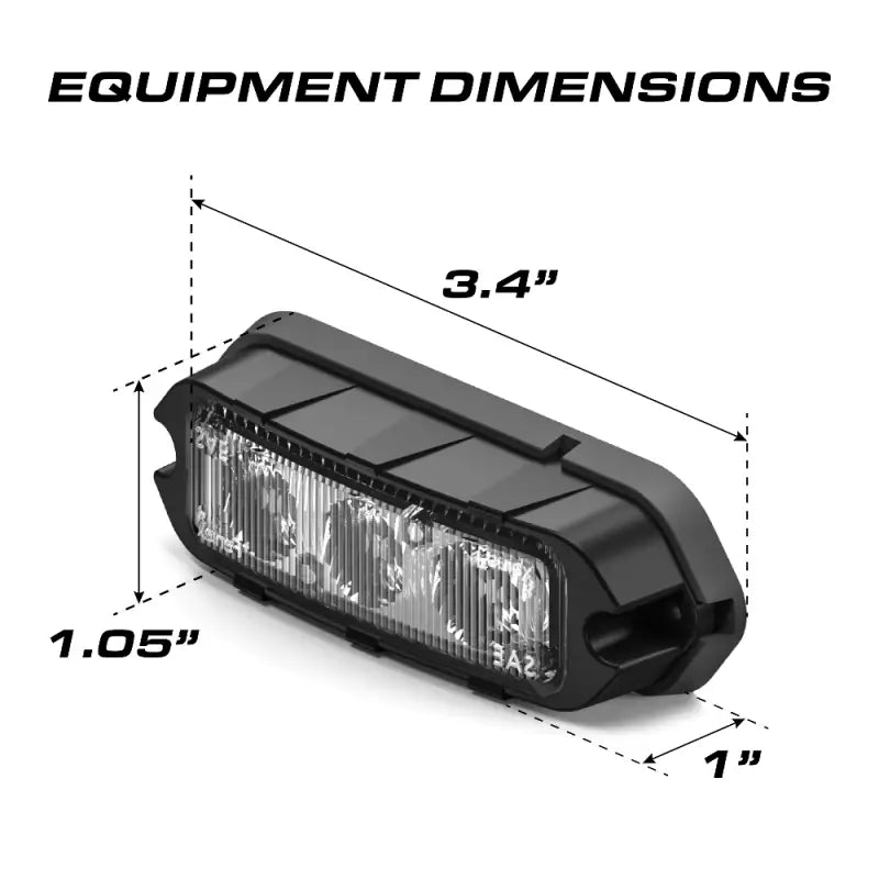 Black rectangular Feniex T3 LED warning lights with dimensions for LED grille mounting